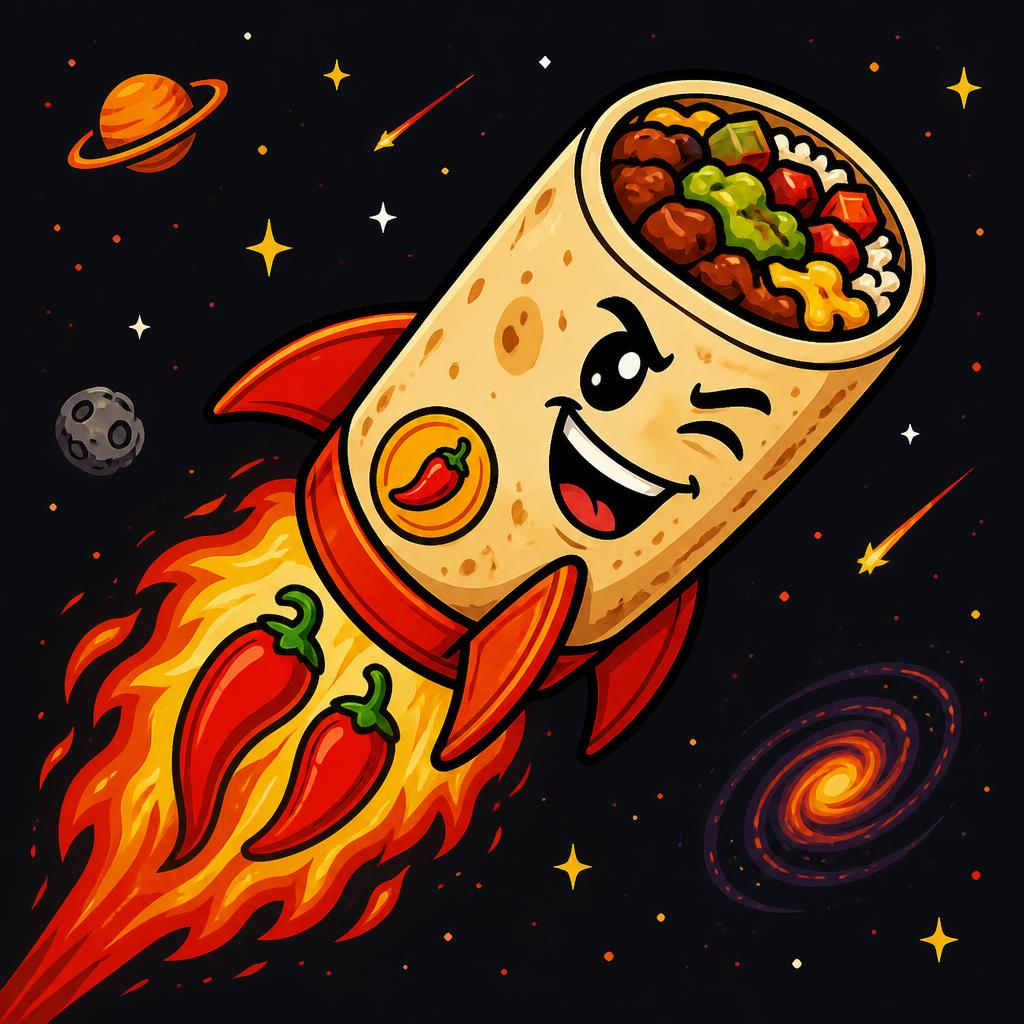 Cartoon burrito torpedo rocket blasting through space with chili pepper flames